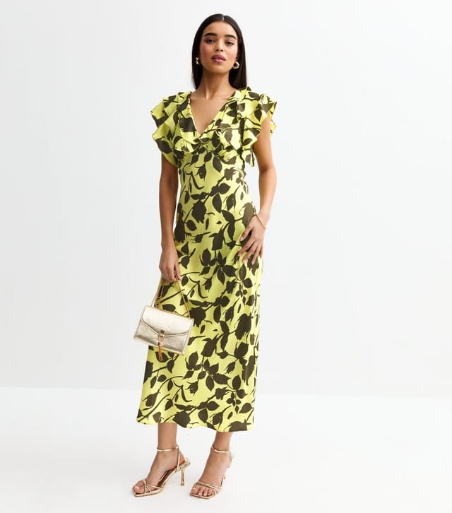 New Look Women's Green Satin Floral print Ruffle Trim Midi Dress New Look - 3