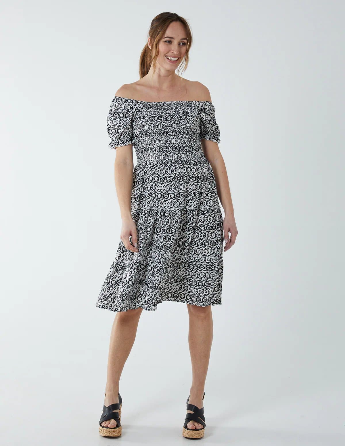 Blue Vanilla Puff Sleeve Bardot Shirred Dress