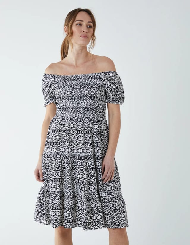 Blue Vanilla Puff Sleeve Bardot Shirred Dress - 2