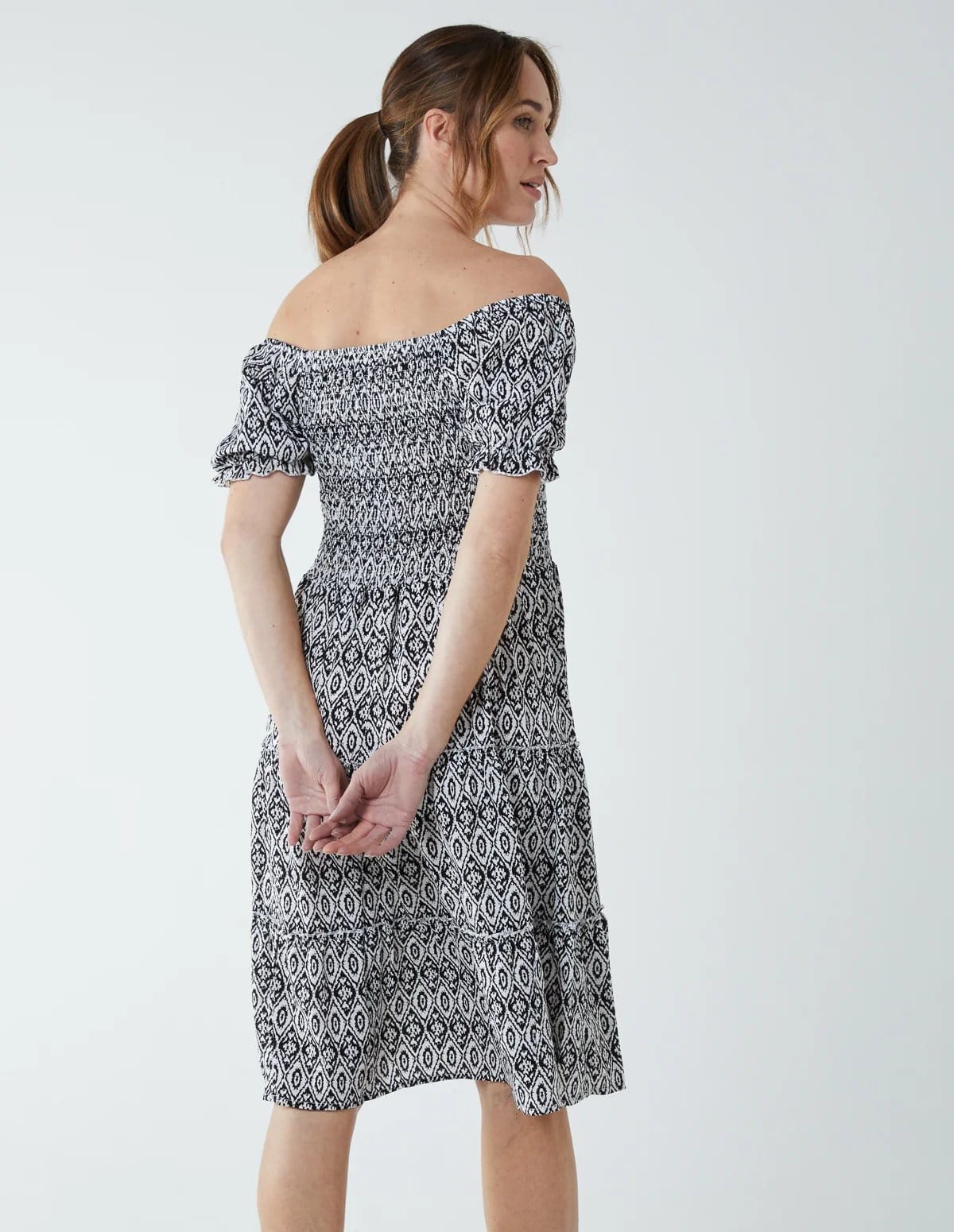 Blue Vanilla Puff Sleeve Bardot Shirred Dress - 4