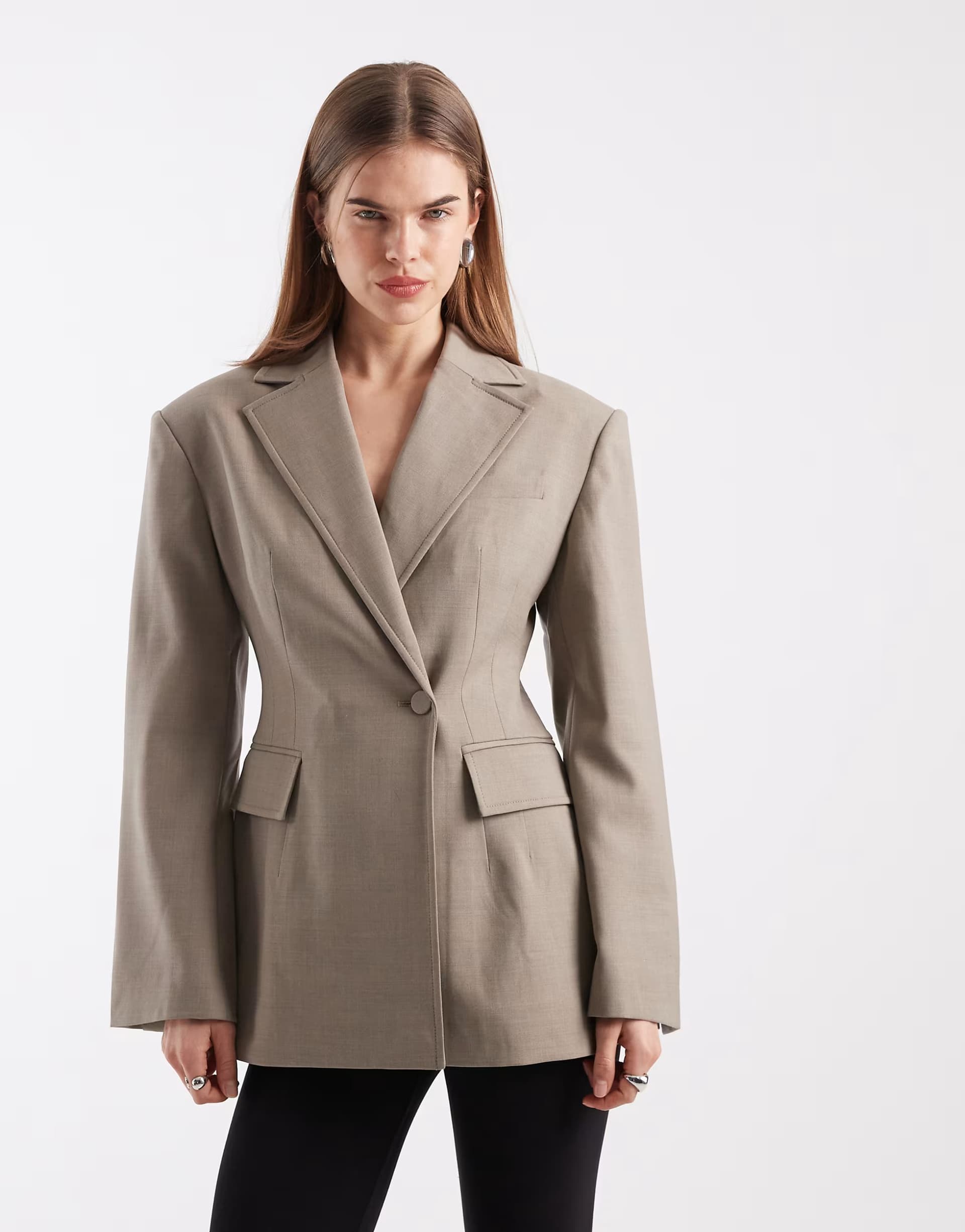 ASOS & Other Stories wool rich sculpted blazer with padded shoulders in mole brown