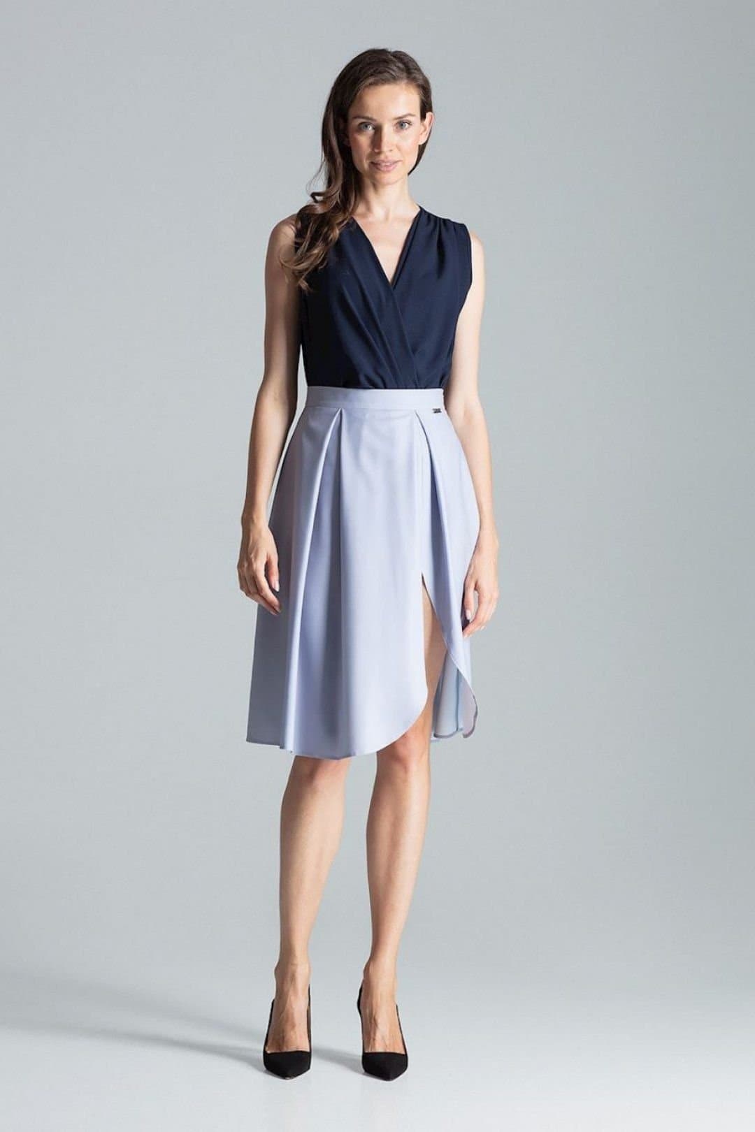 Love Lace Love Lace Grey Midi Pleated Skirt with Side Zip Slit