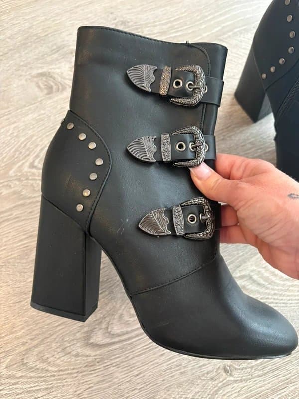 no brand Black Western Cowboy Ankle Boots UK 6 Block Heel Buckle Stud Detail Gothic Biker
