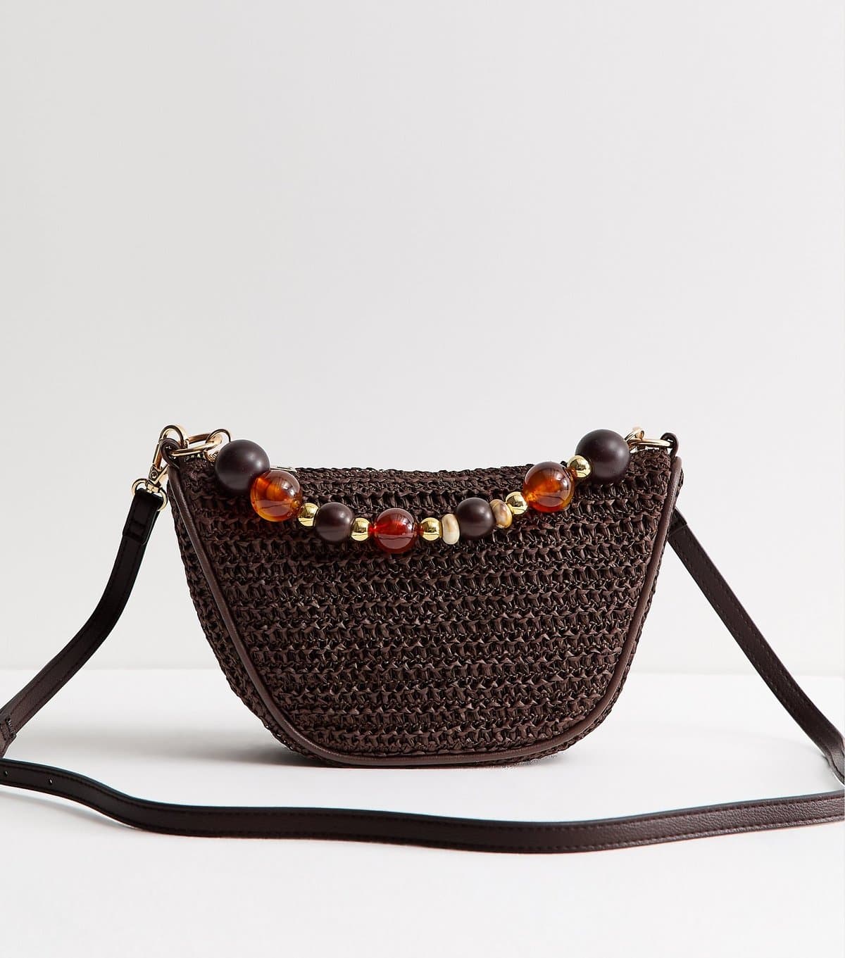 New Look Dark Brown Woven Slouchy Beaded Top Handle Bag New Look