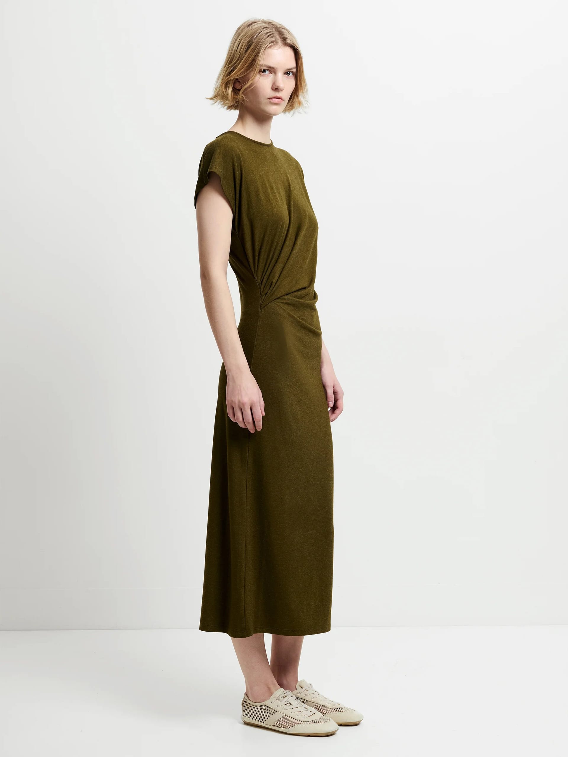 French Connection Green Jersey Ruched Midi Dress