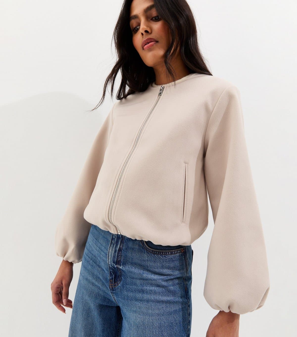 New Look Women's Stone Collarless Zip Through Bomber Jacket New Look