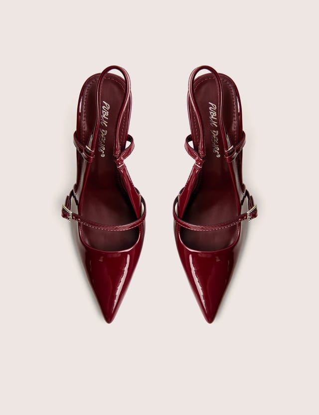 Public Desire Forget Me Not Burgundy Embellished Buckle Detail Sling Back Court Heels - 2