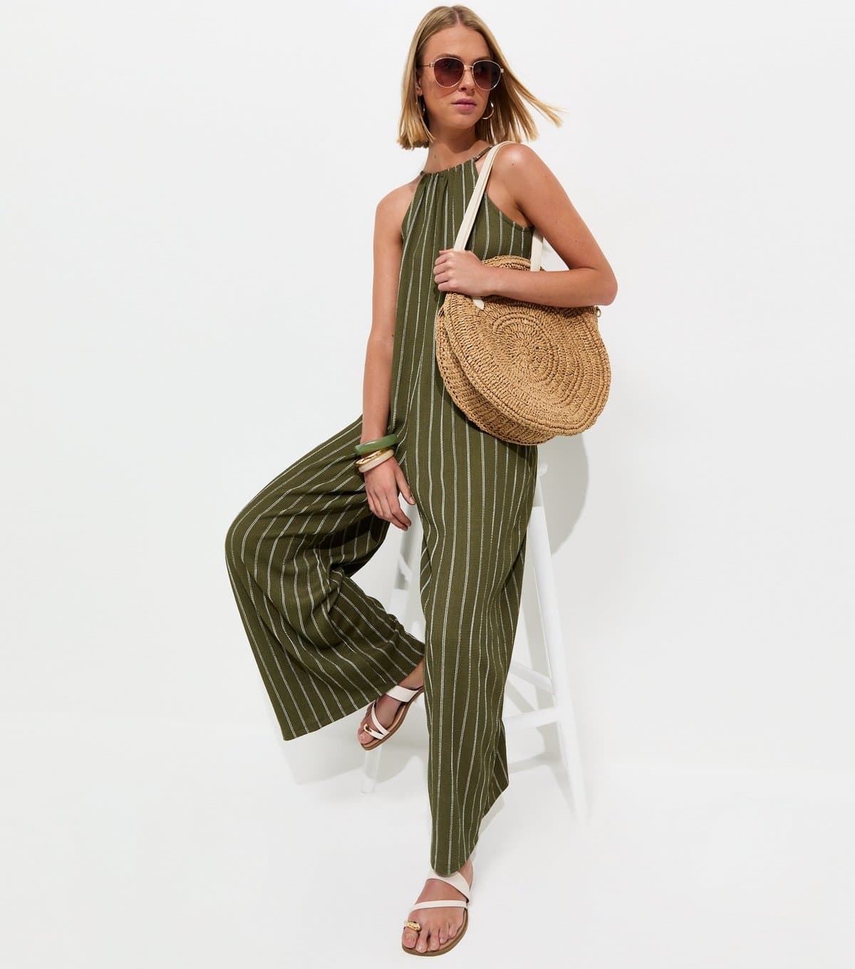 New Look Women's Green Crinkle Texture Striped Halter Neck Jumpsuit New Look
