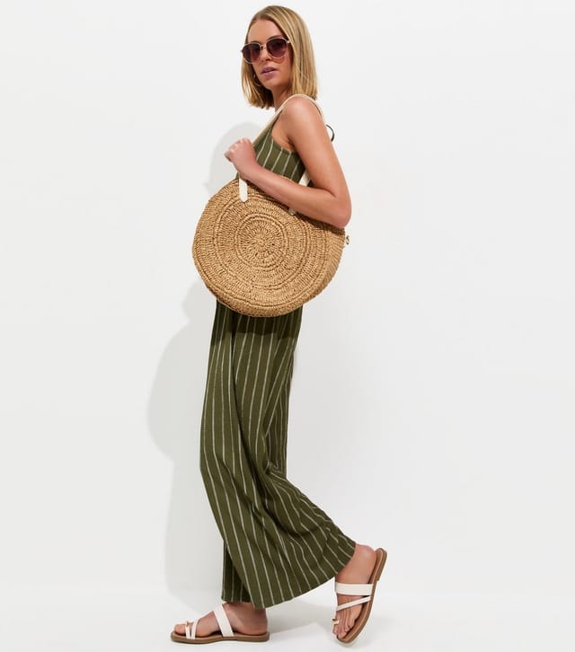New Look Women's Green Crinkle Texture Striped Halter Neck Jumpsuit New Look - 3