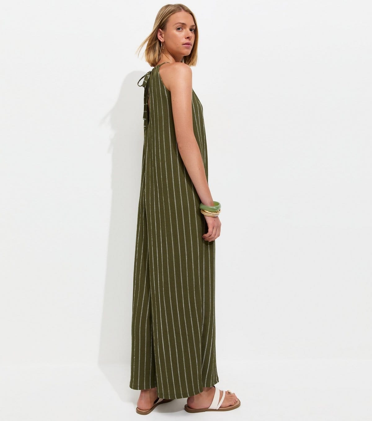 New Look Women's Green Crinkle Texture Striped Halter Neck Jumpsuit New Look - 4