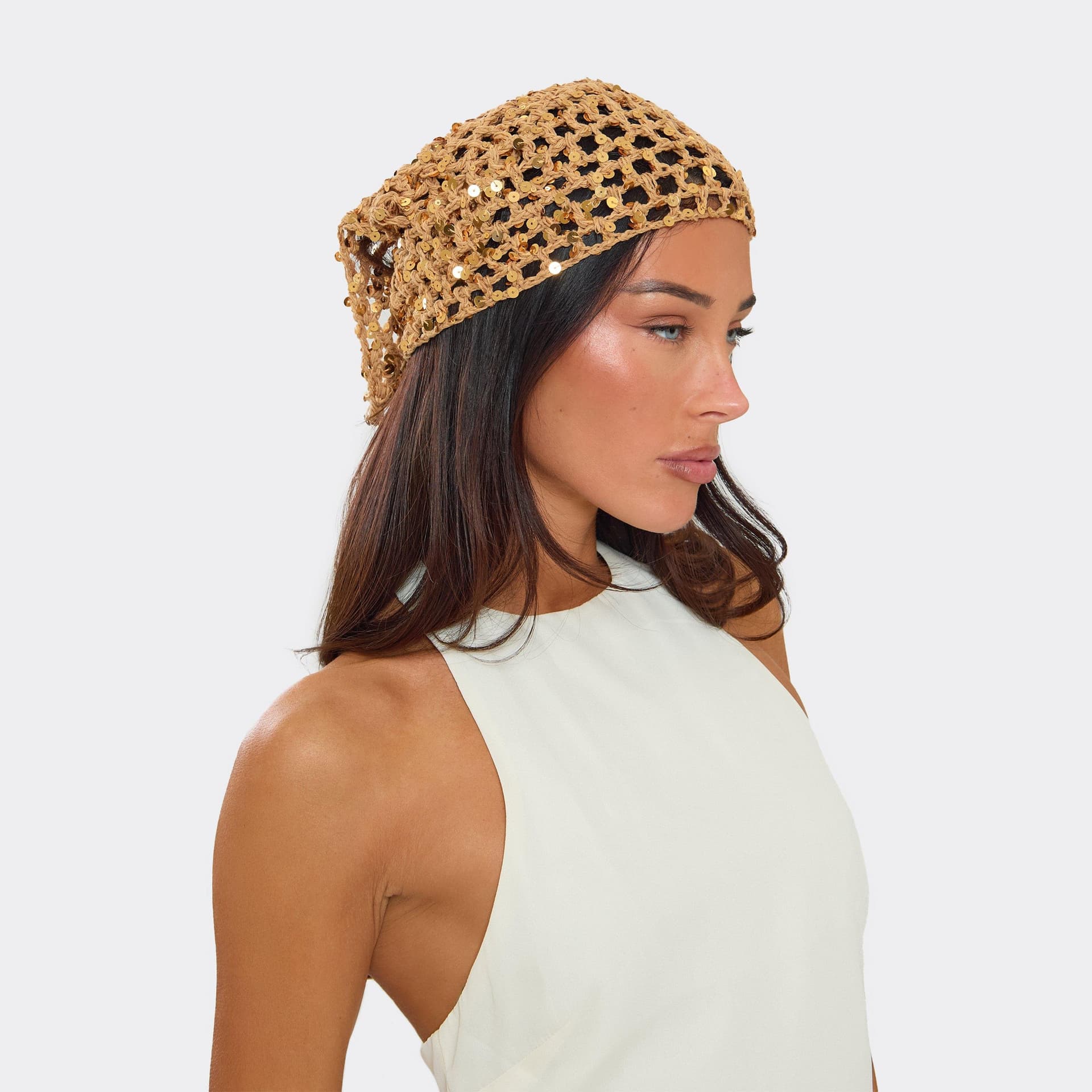 EGO Sequin Detail Tie Bandana In Brown Crochet Knit, Women's Size UK 0