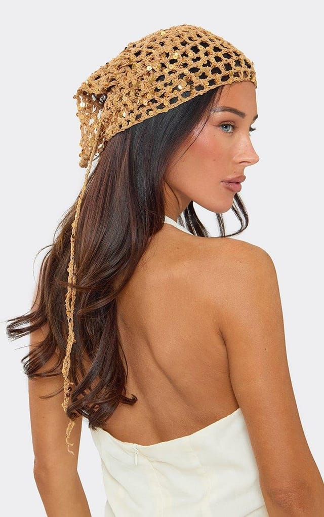 EGO Sequin Detail Tie Bandana In Brown Crochet Knit, Women's Size UK 0 - 2