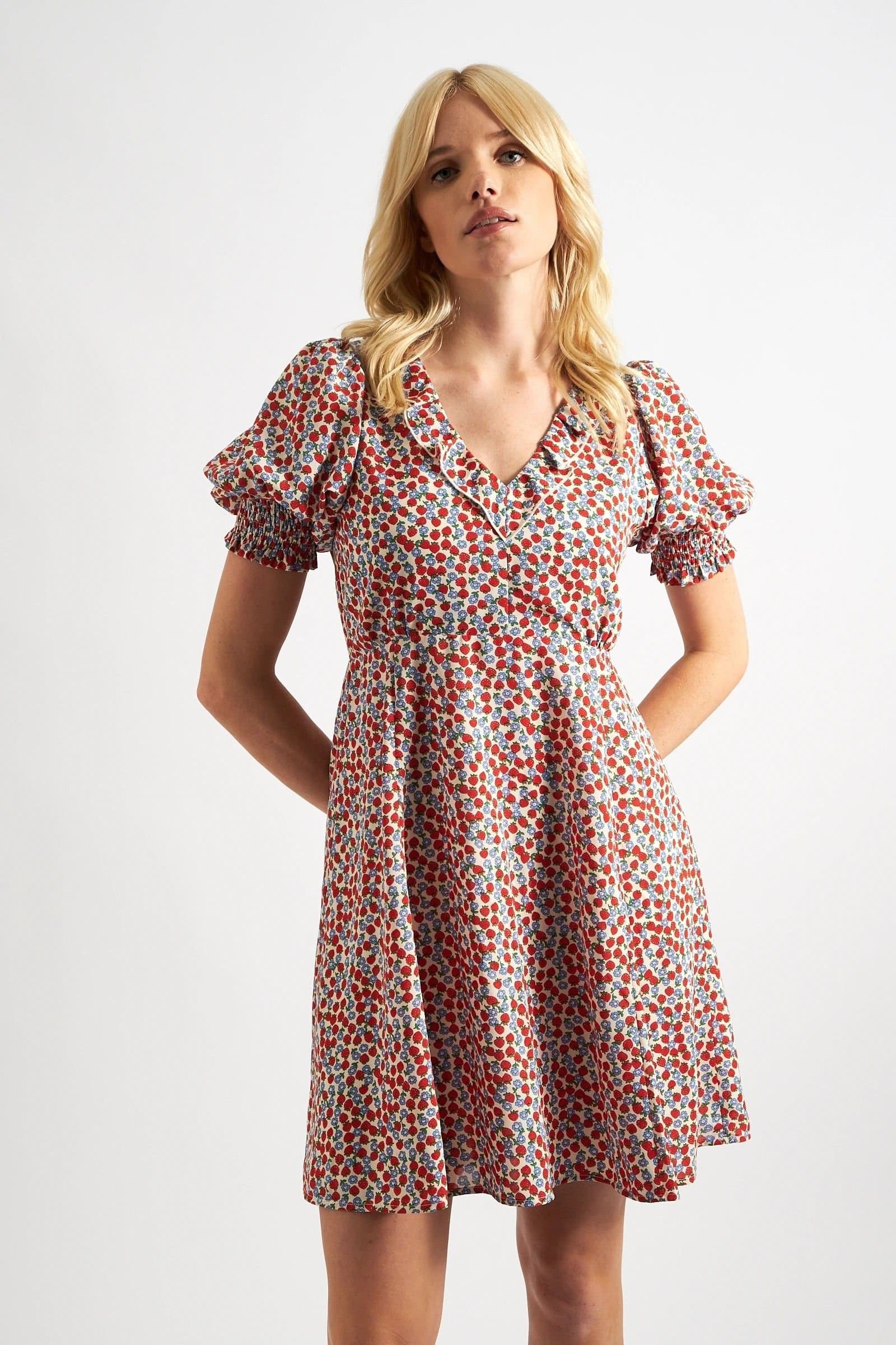 Louche Louche Women's Solyne Strawberry Fields Print Frill V-Neck Mini Dress in Red