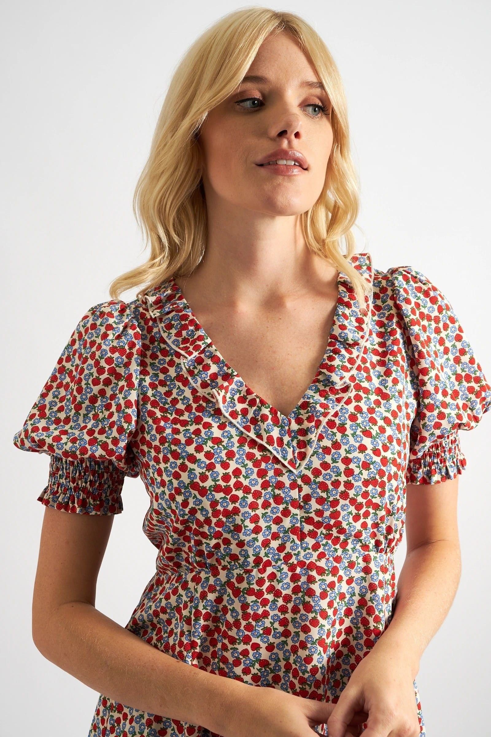 Louche Louche Women's Solyne Strawberry Fields Print Frill V-Neck Mini Dress in Red - 4