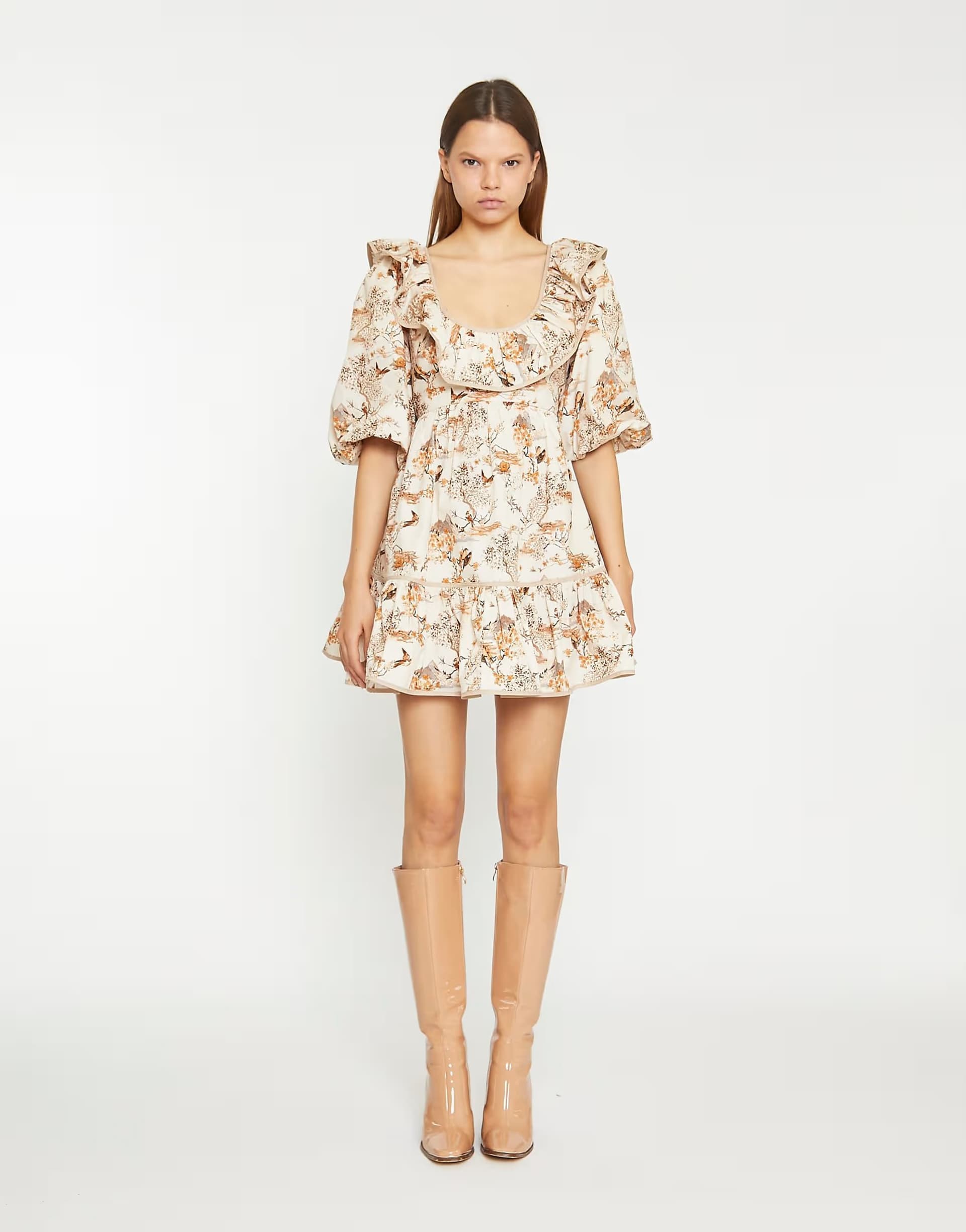 ASOS Glamorous Ruffle neckline mini dress in tan multi blossom