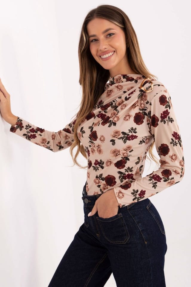 Love Lace Love Lace Women's Elegant Floral Fitted Blouse with Metal Pleat in Beige - 2