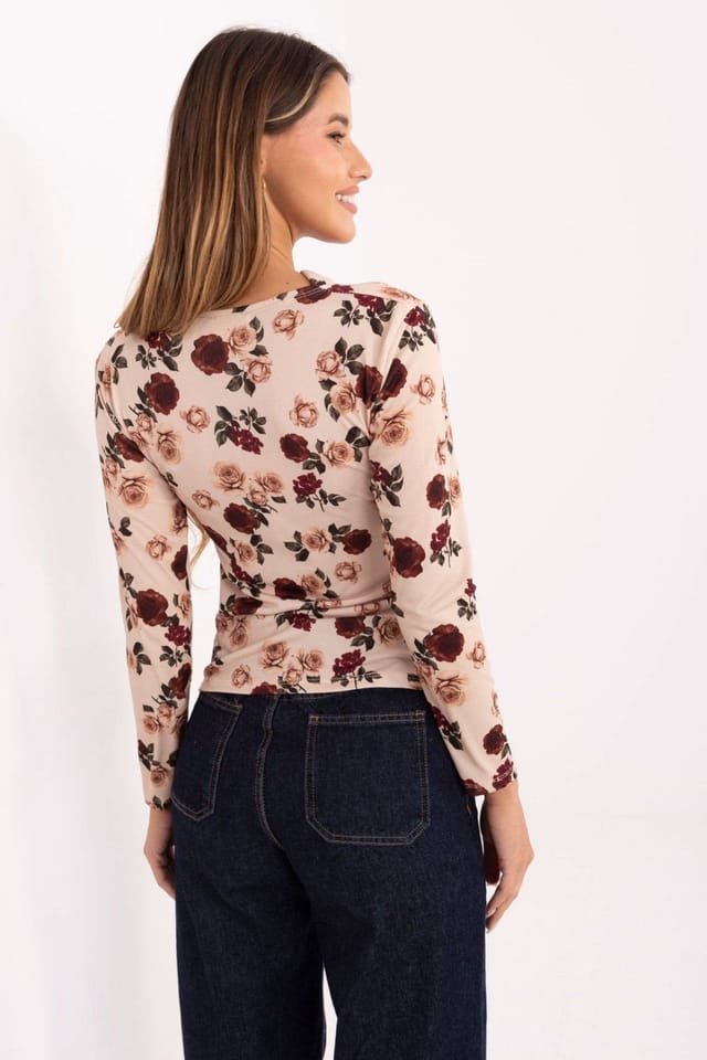 Love Lace Love Lace Women's Elegant Floral Fitted Blouse with Metal Pleat in Beige - 3