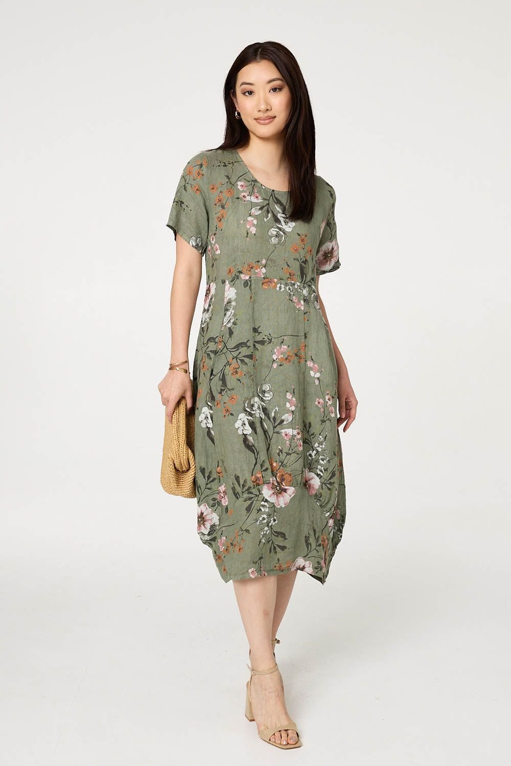 Izabel London Izabel London Women's Floral Short Sleeve Oversized Midi Dress in Khaki - 1