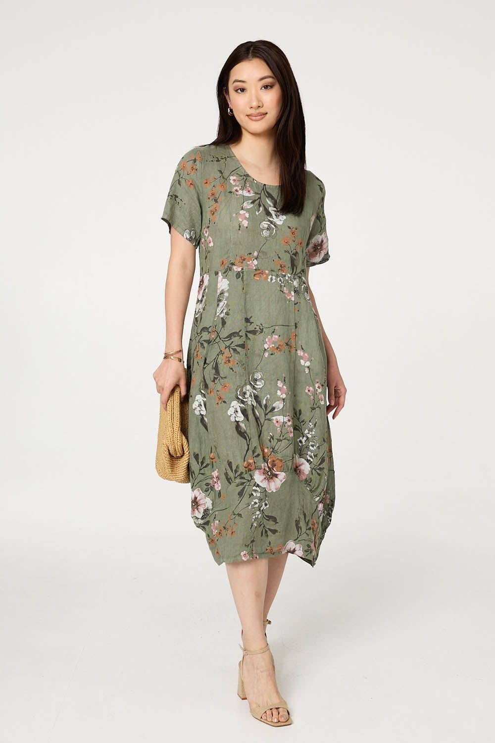 Izabel London Izabel London Women's Floral Short Sleeve Oversized Midi Dress in Khaki