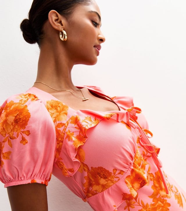 New Look Women's Pink Floral Print Ruffle Trim Milkmaid Midi Dress New Look - 2