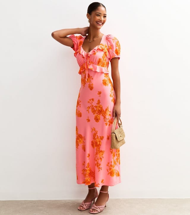New Look Women's Pink Floral Print Ruffle Trim Milkmaid Midi Dress New Look - 3