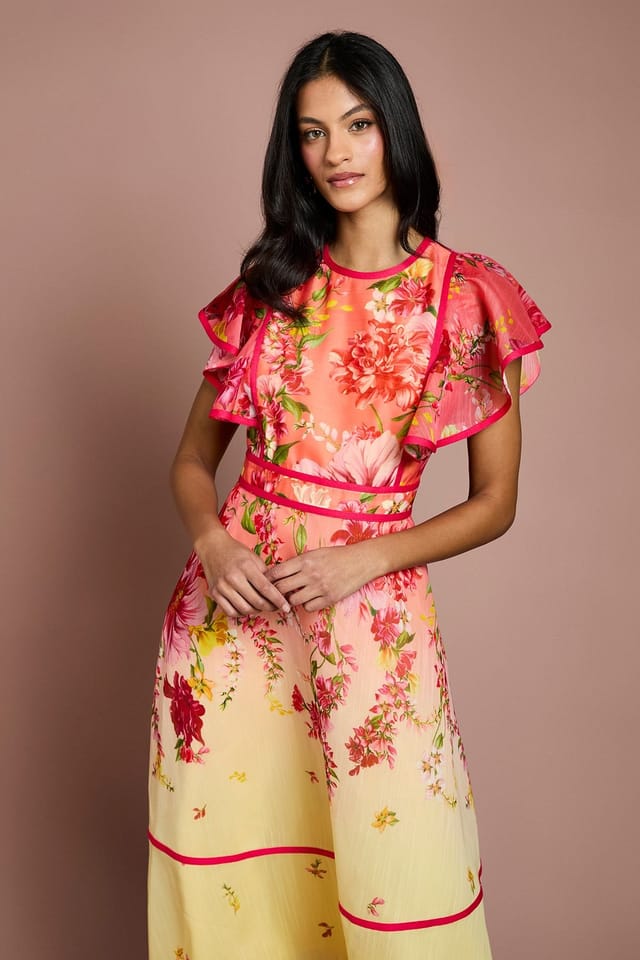 Coast Coast Women's Petite Placement Print Frill Sleeve Midi Dress in Lemon - 2
