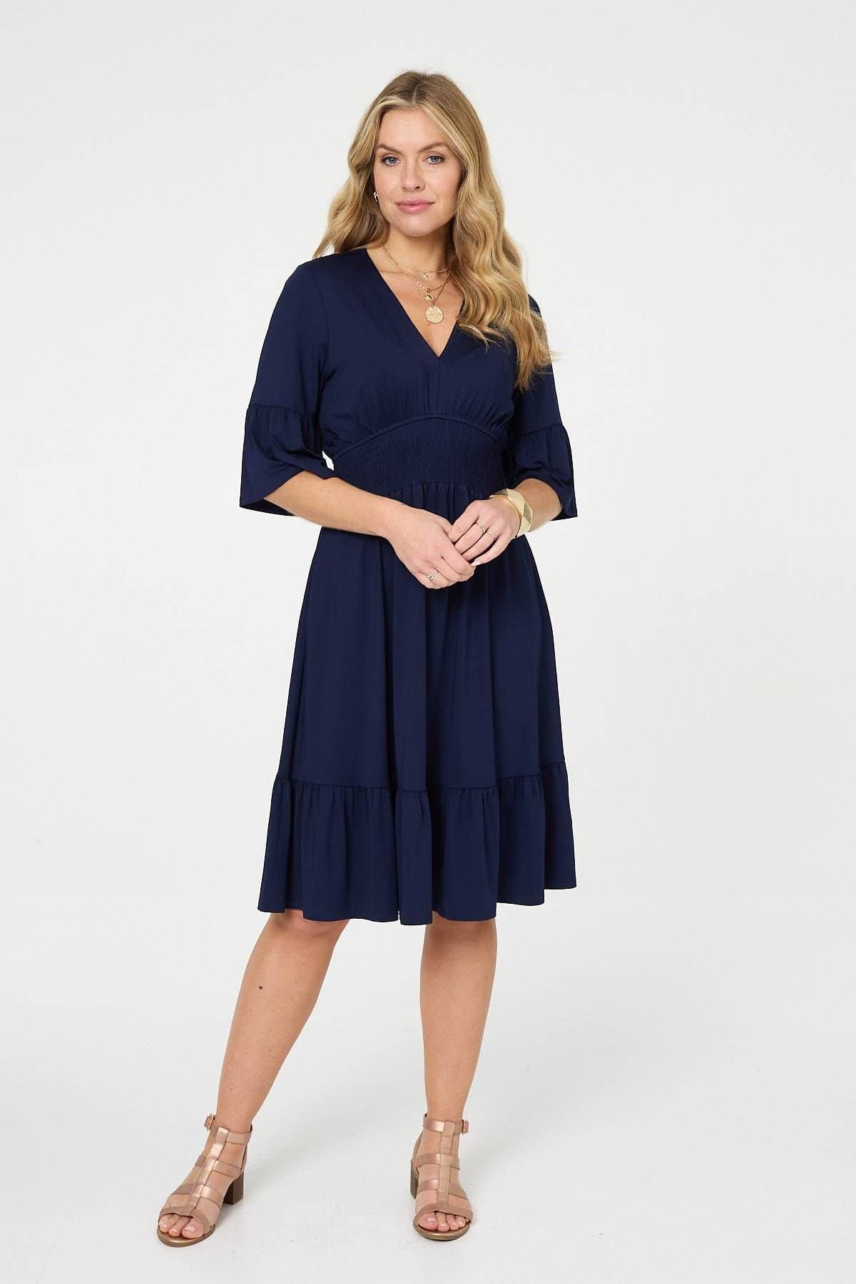 Izabel London Izabel London Women's Shirred Waist 3/4 Sleeve Midi Dress in Blue