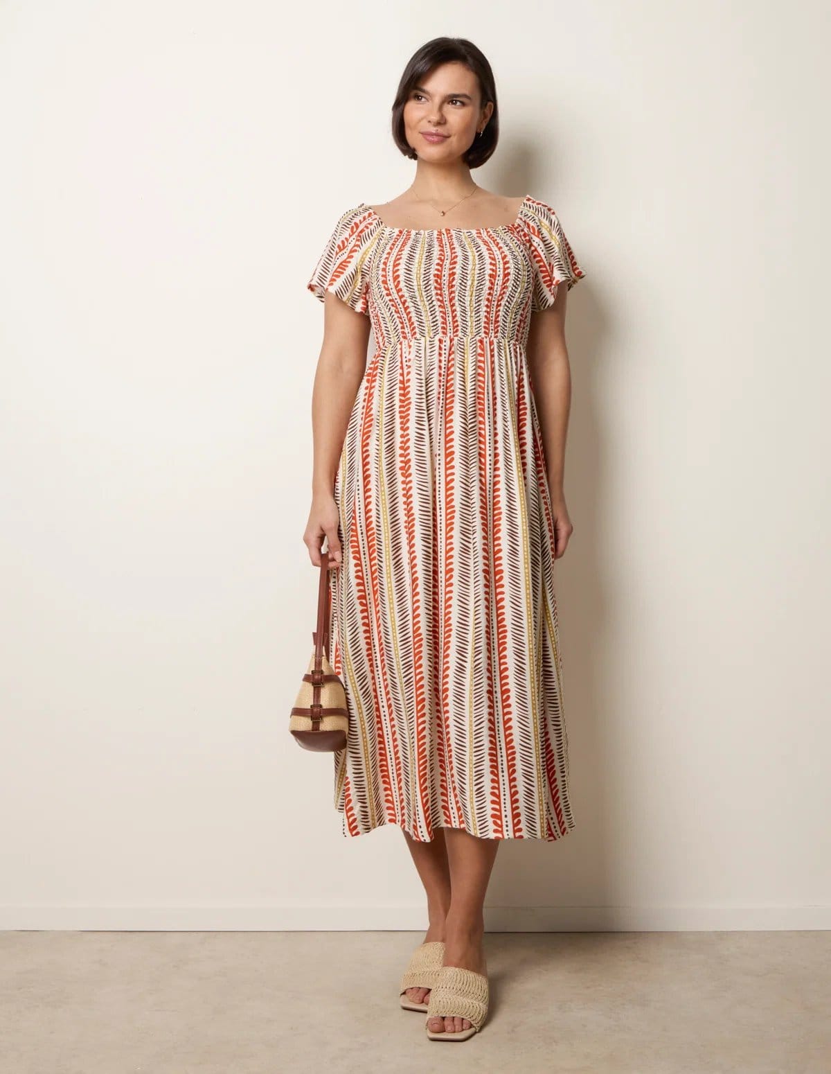 Blue Vanilla Short Sleeve Shirred Waist Abstract Print Dress - 4