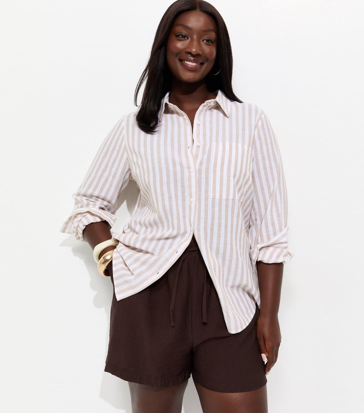 New Look Women's Plus Size Dark Brown Woven Drawstring Waist Shorts Curves New Look