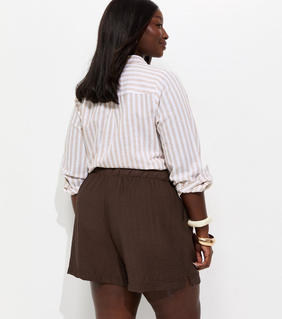 New Look Women's Plus Size Dark Brown Woven Drawstring Waist Shorts Curves New Look - 4