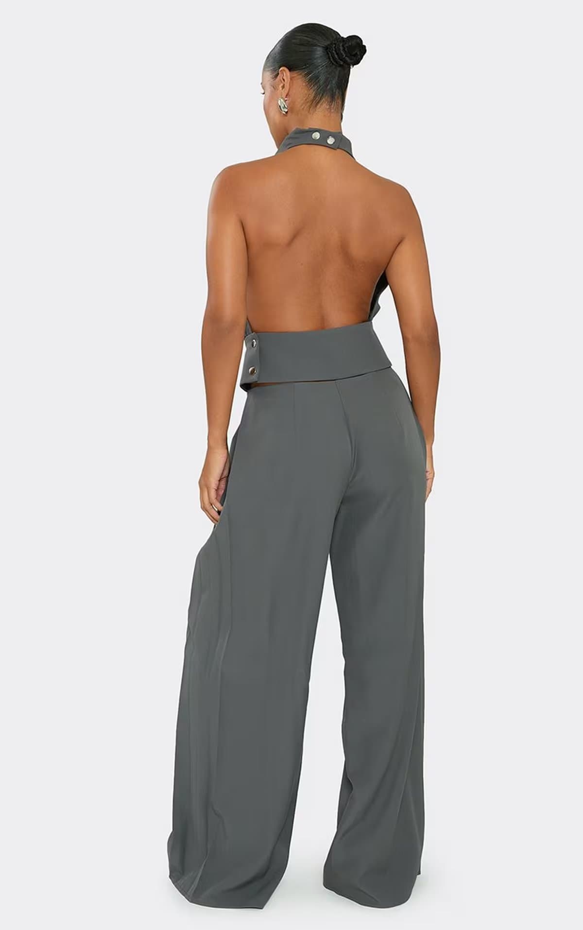EGO Mid Rise Side Button Detail Tailored Trousers In Charcoal, Women's Size UK 6