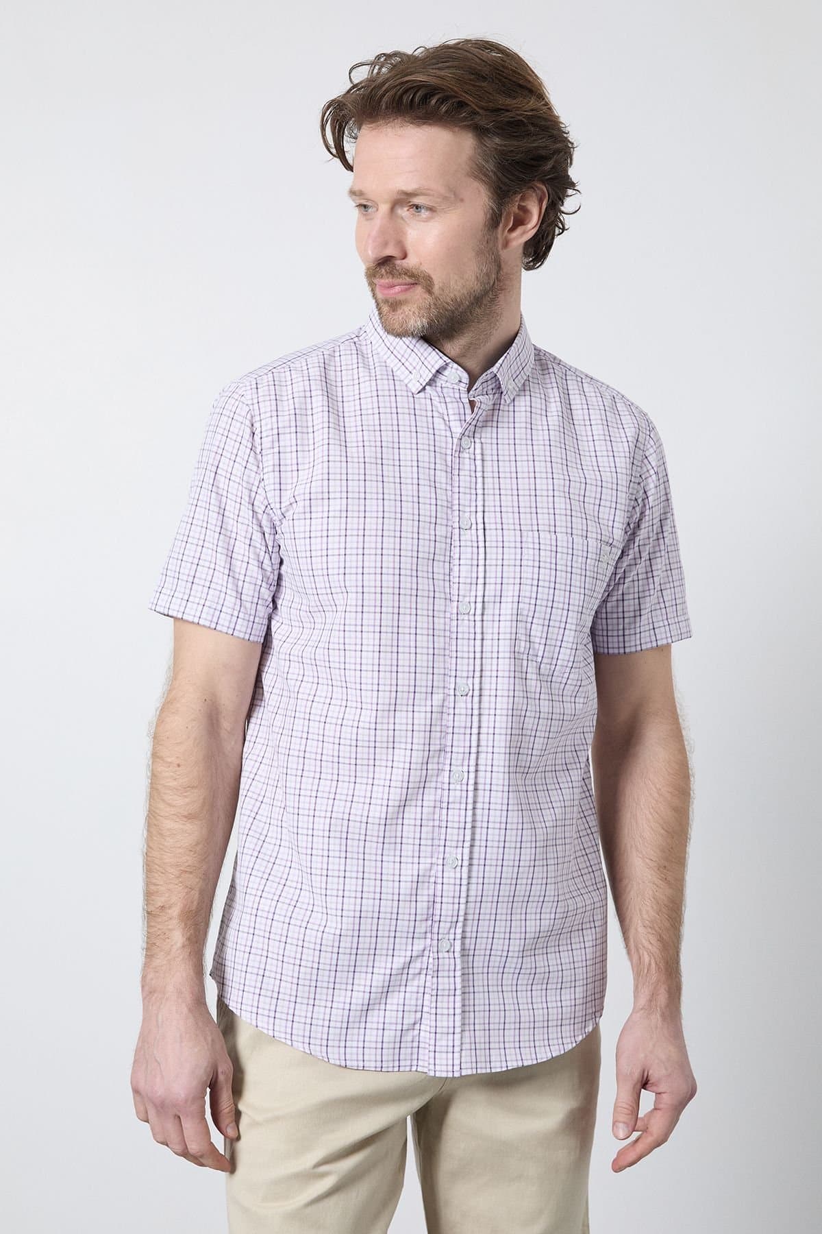 Maine Maine Men's Purple Classic Check Short Sleeve Shirt