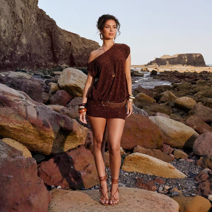 EGO Off The Shoulder Blouson Mini Dress In Chocolate Brown Devore, Women's Size UK 6 - 1