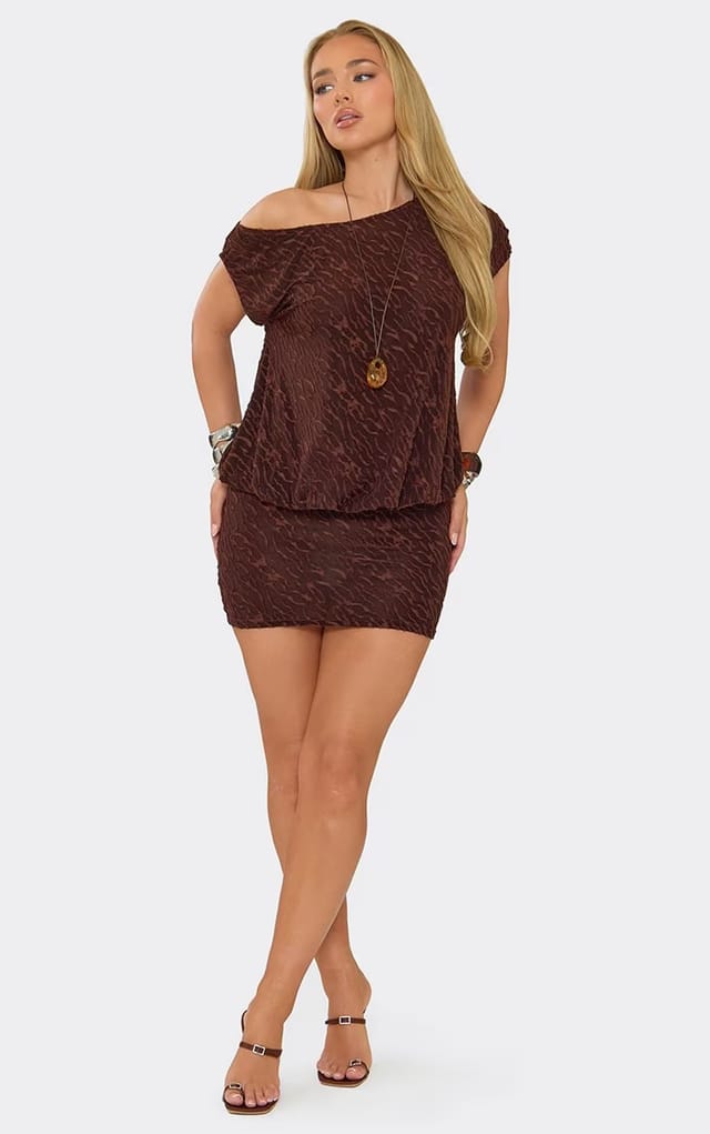 EGO Off The Shoulder Blouson Mini Dress In Chocolate Brown Devore, Women's Size UK 6 - 2