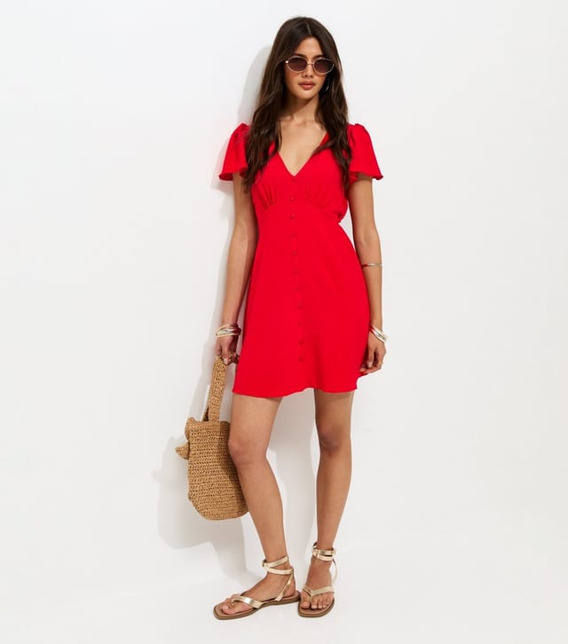 New Look Women's Bright Red Flutter Sleeve Mini Tea Dress New Look - 3