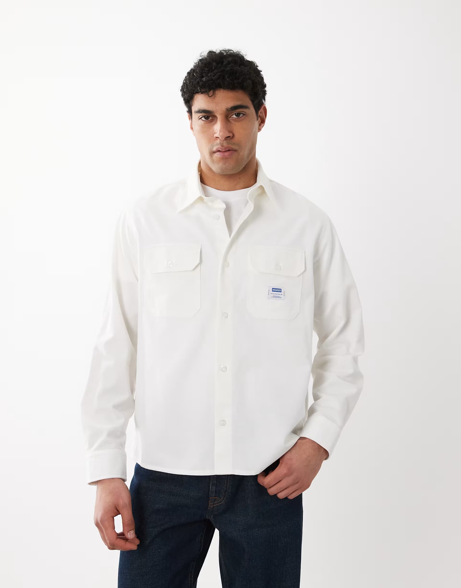 ASOS ASOS Hugo Blue Cotton Twill Logo Shirt in White