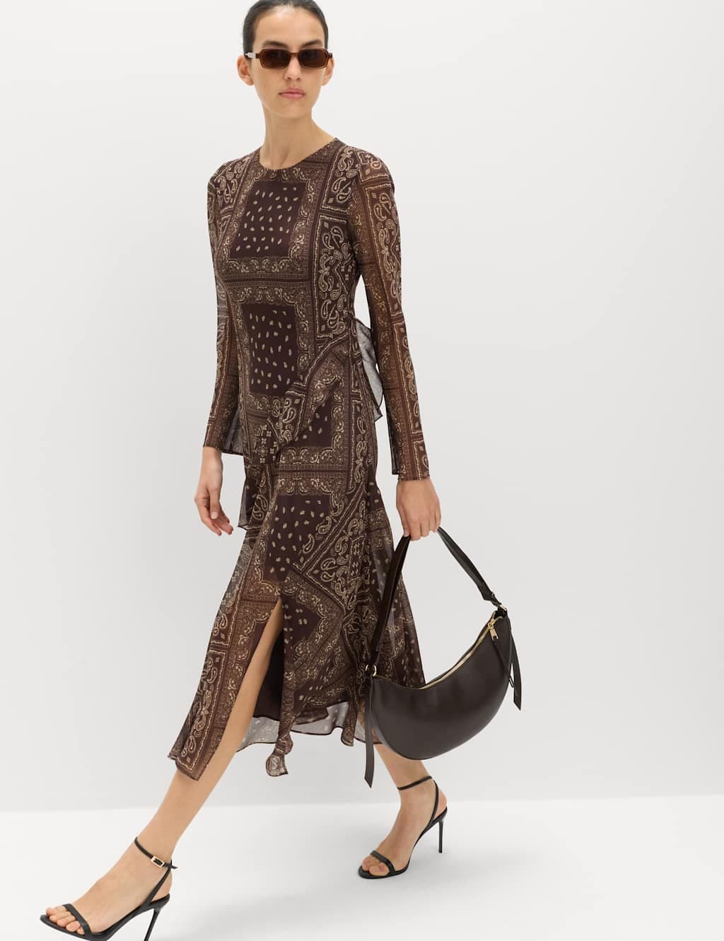 Marks & Spencer M&S Printed Frill Detail Midi Column Dress Brown Mix