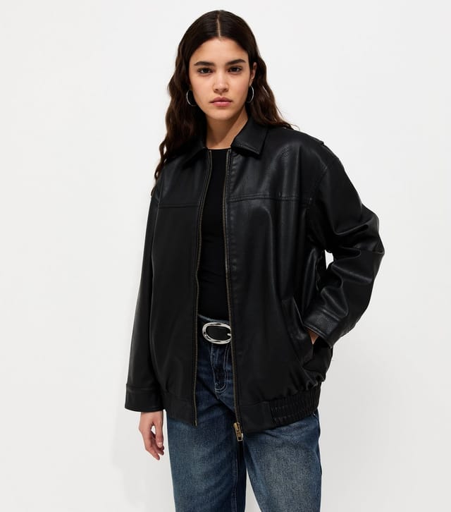 New Look Women's Black Washed Effect Faux Leather Oversized Jacket New Look - 3