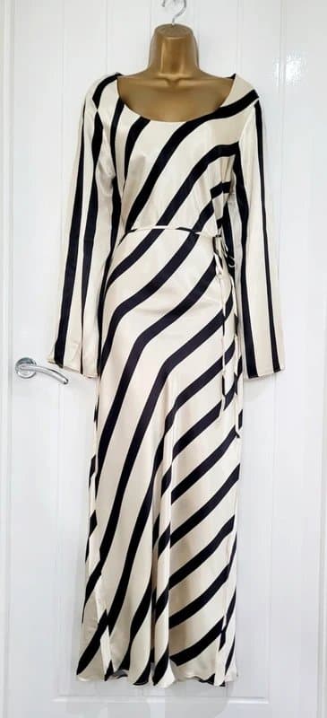 River Island River Island size 12 beige black satin striped maxi slip dress long sleeved Occasion
