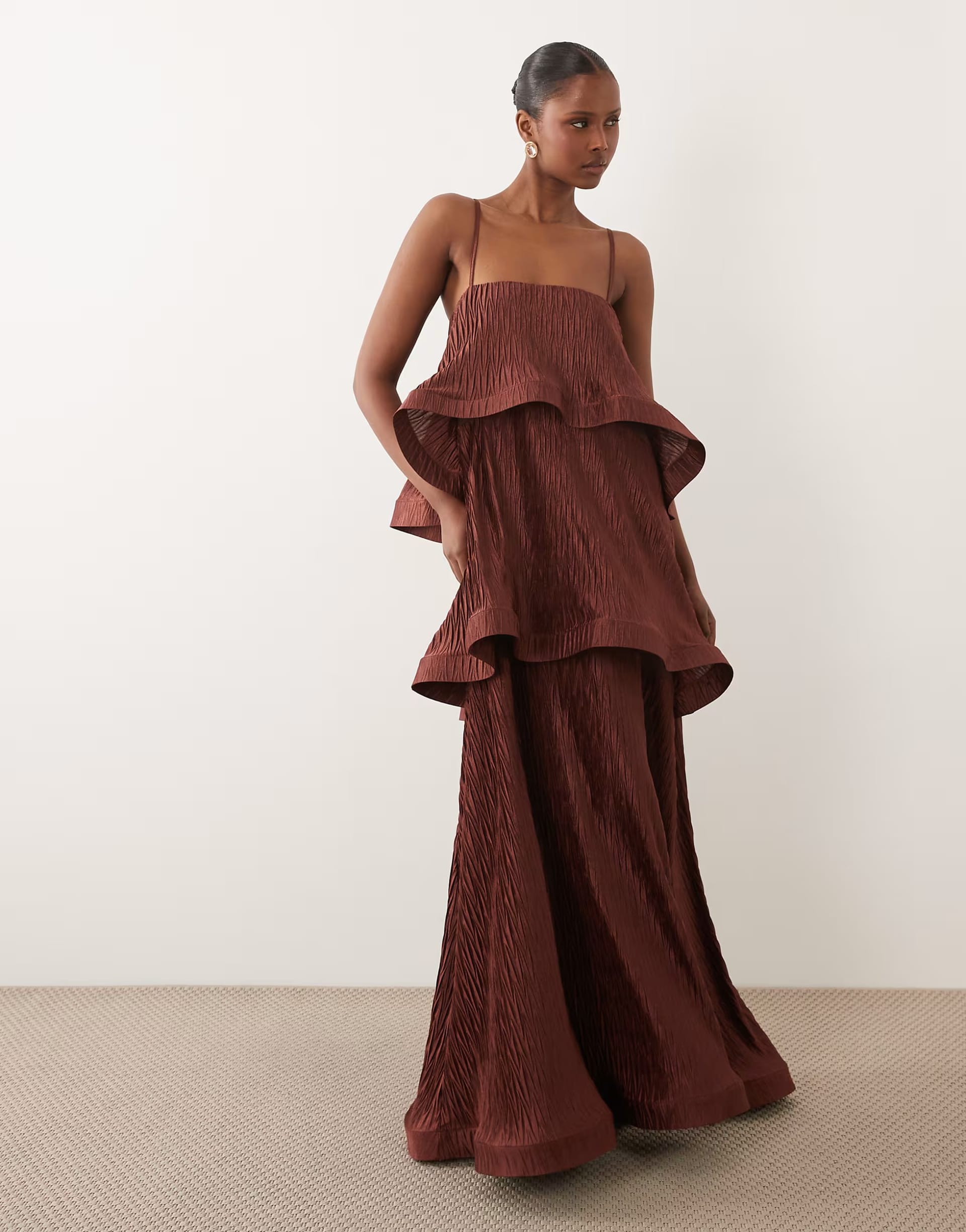 ASOS DESIGN zigzag plisse tiered trapeze maxi dress in chocolate