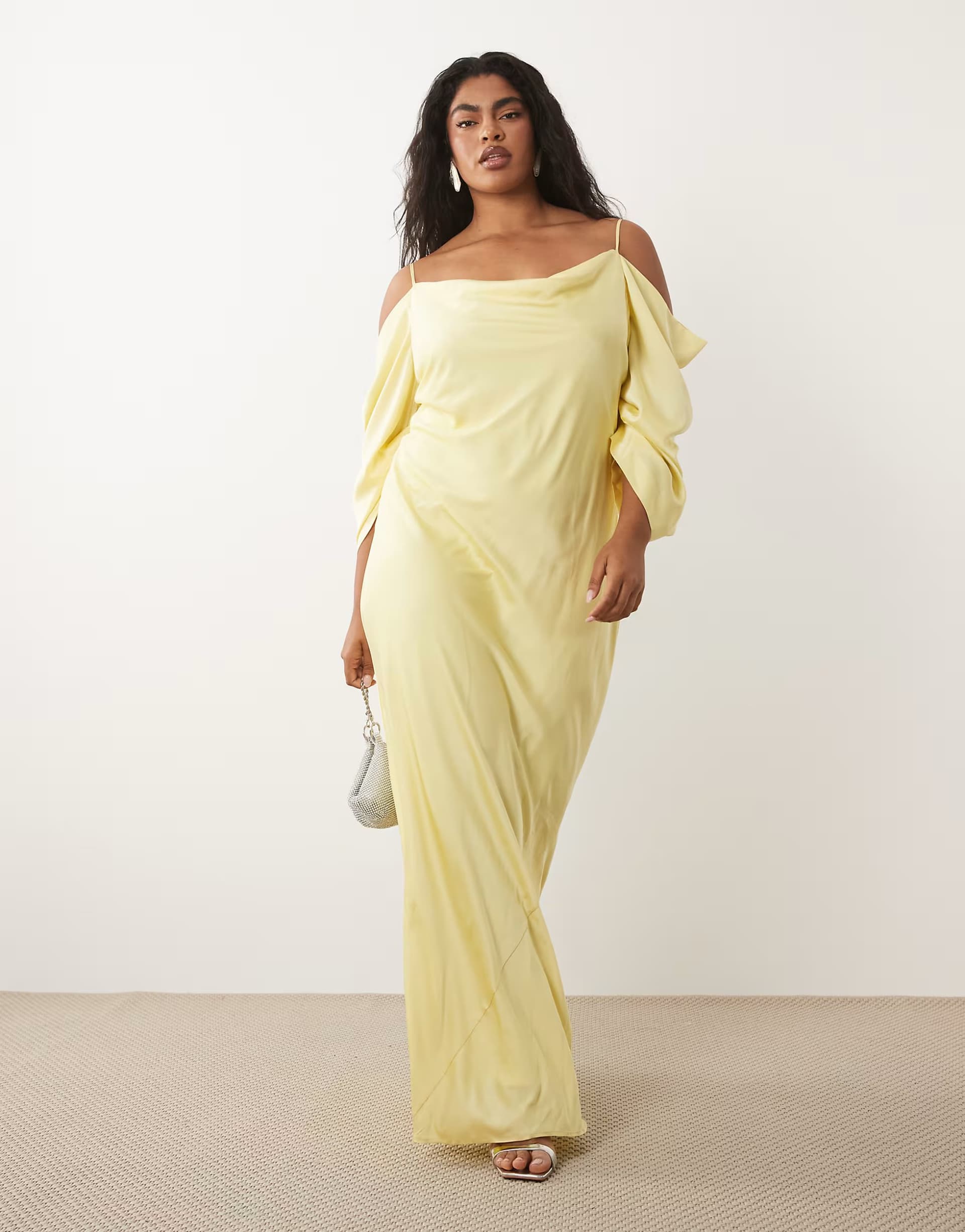 ASOS TFNC Plus cowl cold shoulder maxi dress with ruched sleeves in lemon