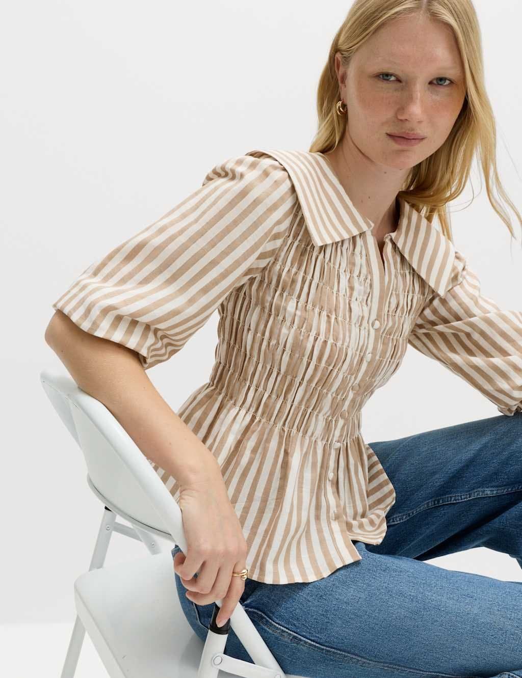 Marks & Spencer M&S Natural Mix Linen Blouse with Shirred Waist