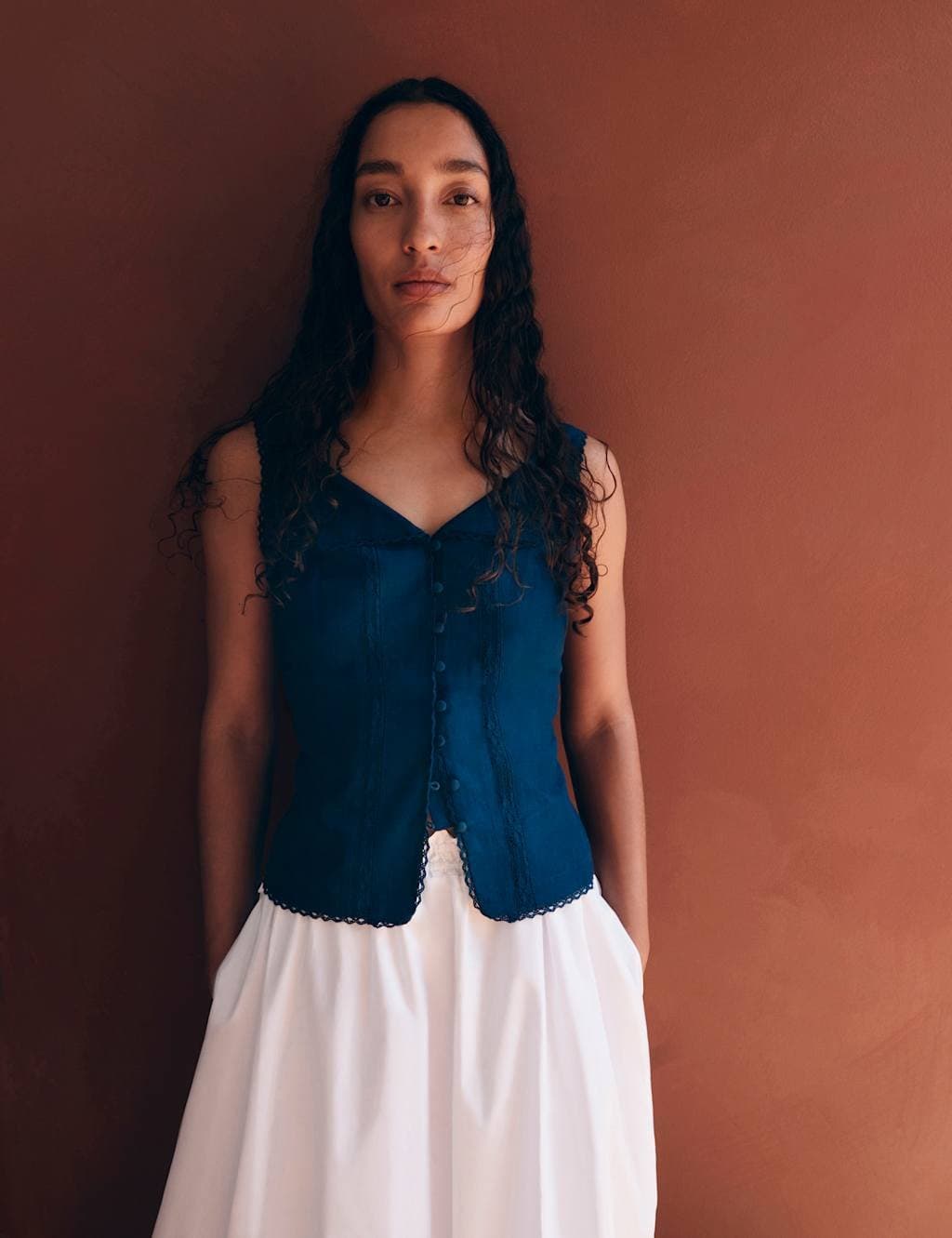 Marks & Spencer M&S Linen Rich Lace Insert Button Detail Blouse Dark Marine