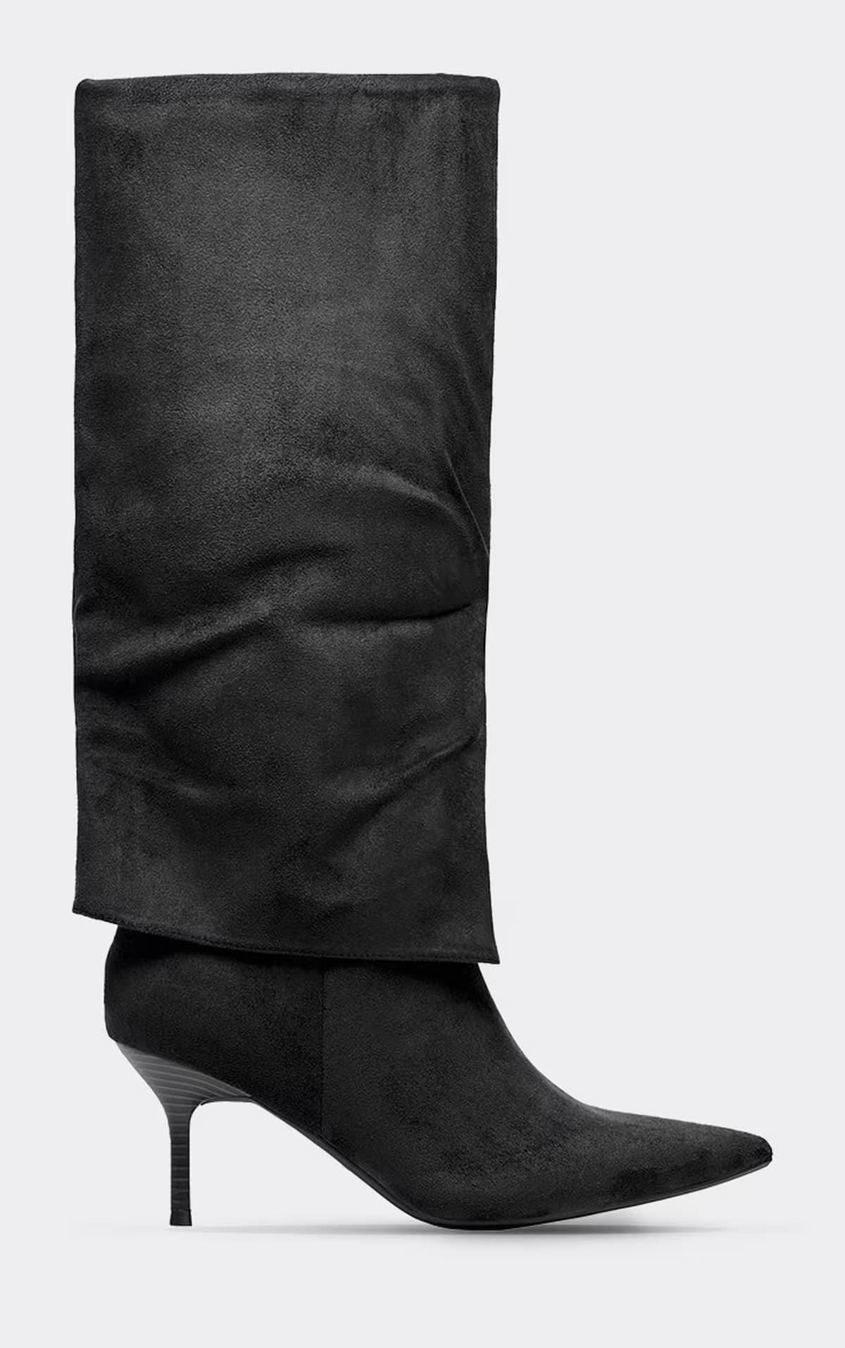EGO Belline Layered Detail Pointed Toe Knee High Boot In Black Faux Suede, Women's Size UK 3