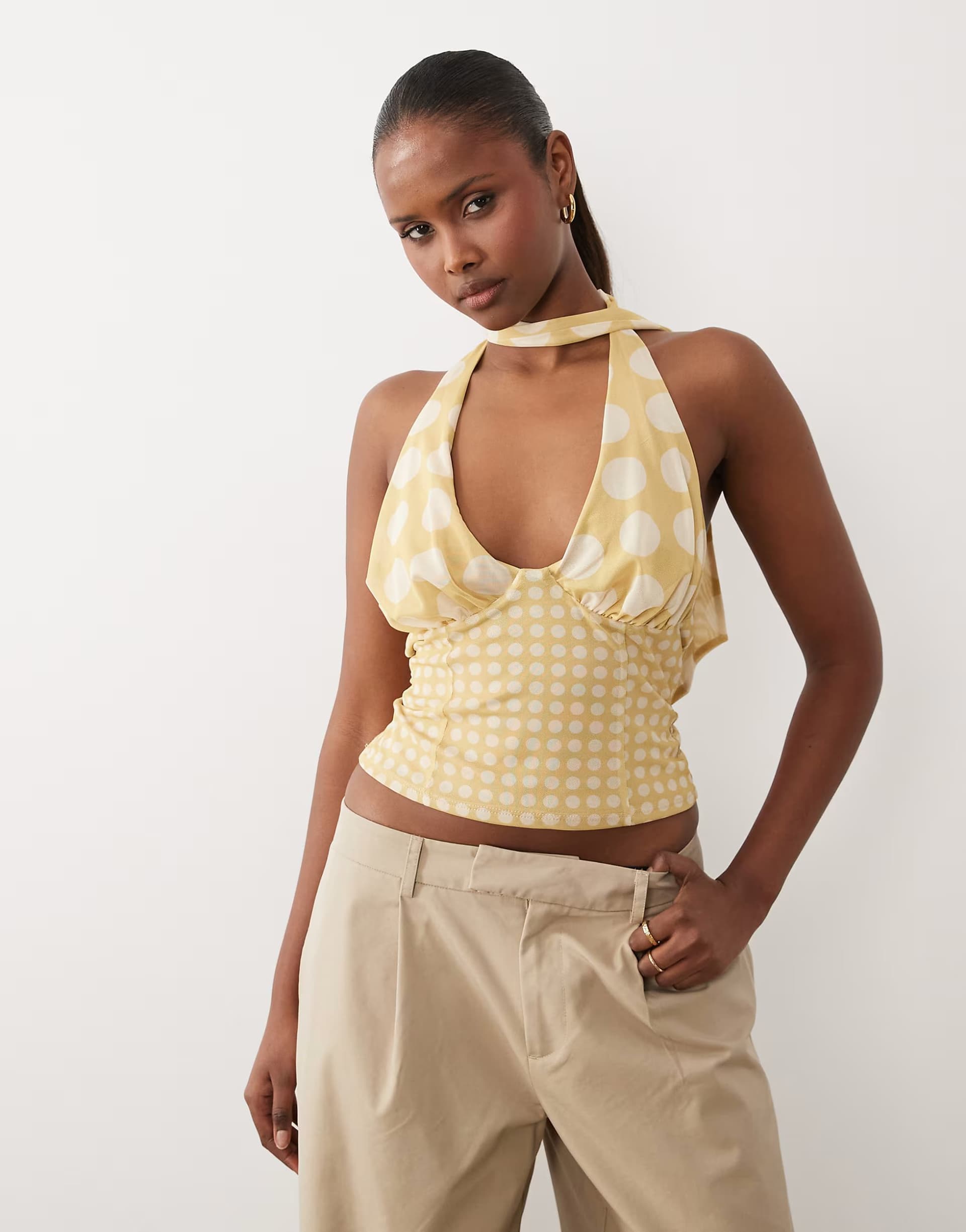ASOS ASOS Polka Dot Halterneck Mesh Top in Yellow