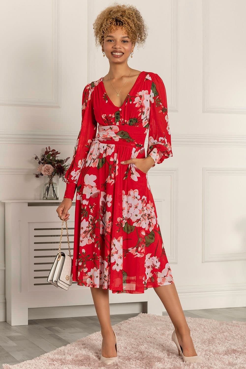 Jolie Moi Jolie Moi Women's Renita Floral Print Mesh Dress in Red