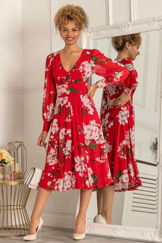 Jolie Moi Jolie Moi Women's Renita Floral Print Mesh Dress in Red - 3