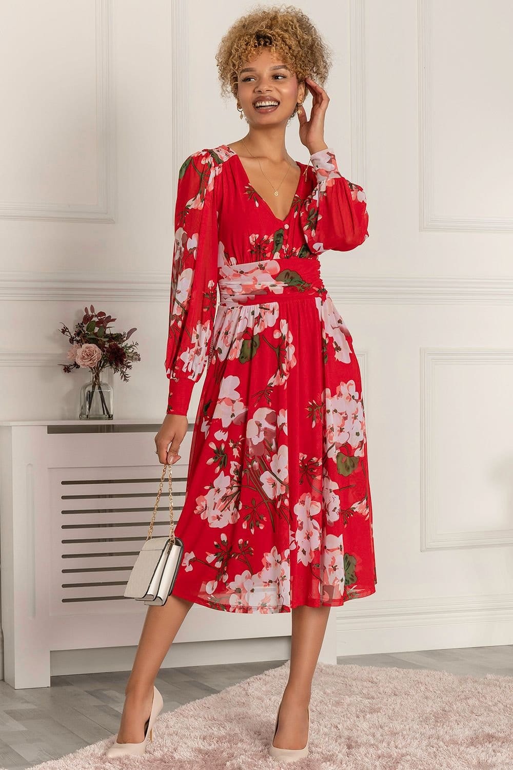 Jolie Moi Jolie Moi Women's Renita Floral Print Mesh Dress in Red - 4