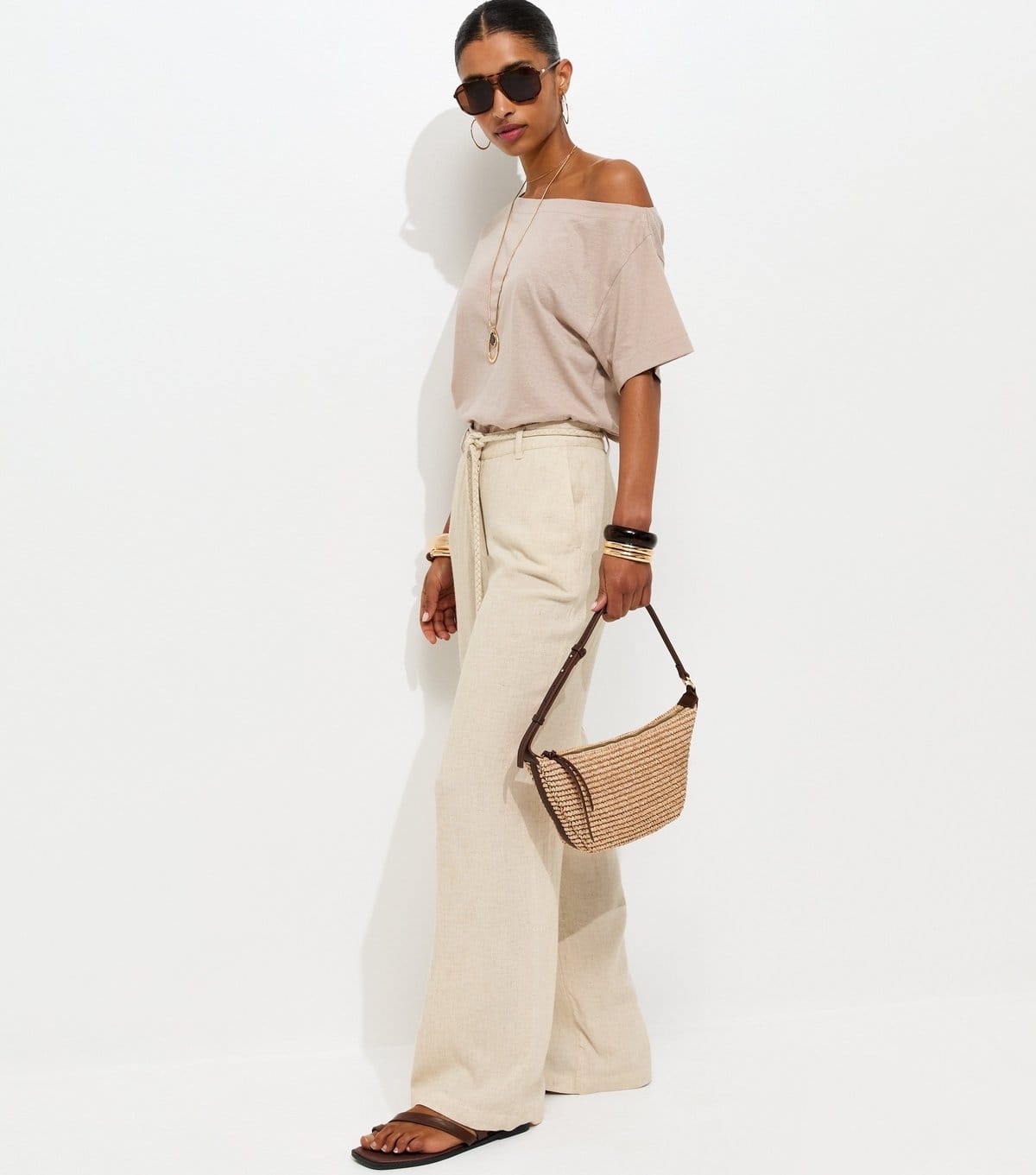 New Look Women's Cream Braided Belt Wide Leg Trousers New Look - 1