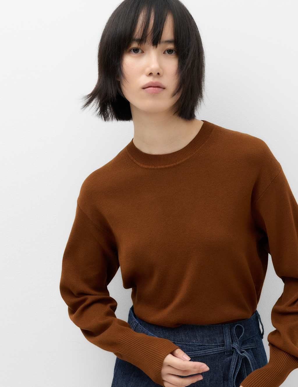 M&S Crew Neck Waisted Slim Fit Jumper Cognac